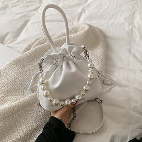 Pearl chain pleated shoulder bag women new solid color soft surface ins beam mouth portable Messenger bag - V.I.P Digital Presence