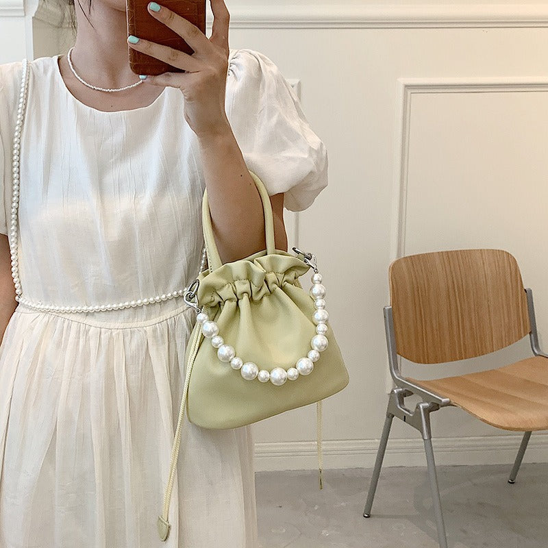 Pearl chain pleated shoulder bag women new solid color soft surface ins beam mouth portable Messenger bag - V.I.P Digital Presence
