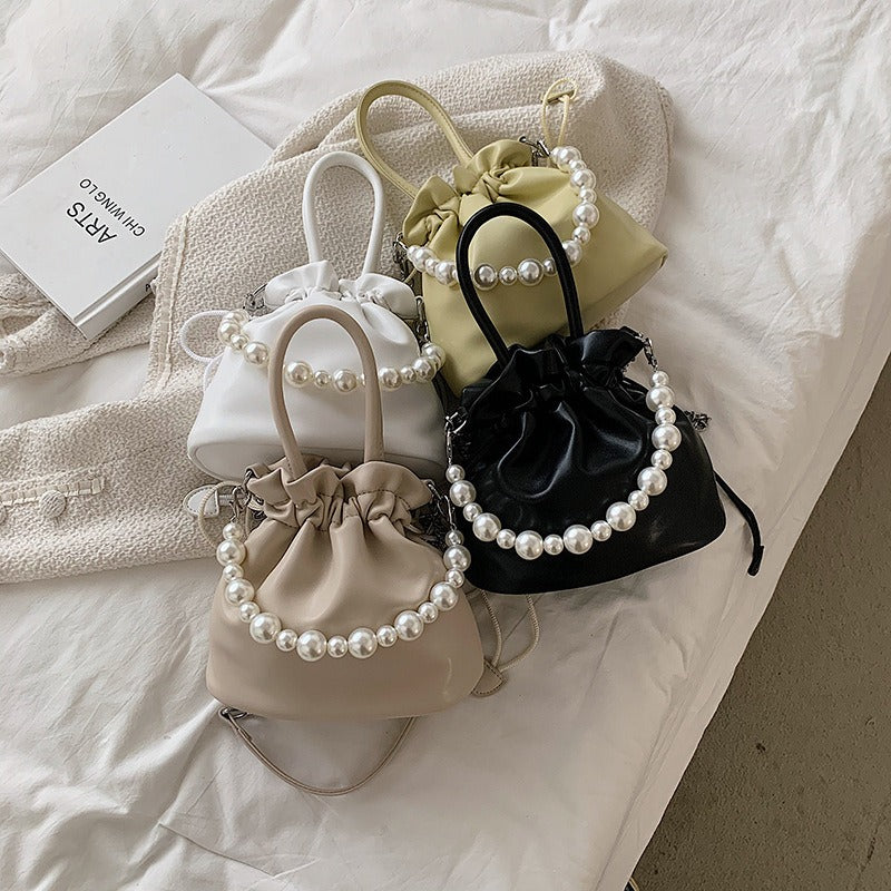 Pearl chain pleated shoulder bag women new solid color soft surface ins beam mouth portable Messenger bag - V.I.P Digital Presence