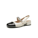 Pearl chain shallow mouth back hollow thick heel color blocked Mary Jane sandals for women - V.I.P Digital Presence