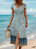 Perfee Backless Slit Printed Short Sleeve Dress - V.I.P Digital Presence