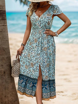 Perfee Backless Slit Printed Short Sleeve Dress - V.I.P Digital Presence