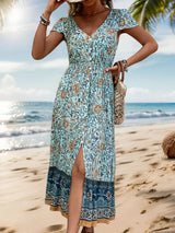 Perfee Backless Slit Printed Short Sleeve Dress - V.I.P Digital Presence