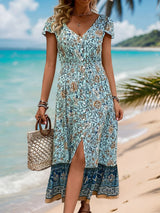 Perfee Backless Slit Printed Short Sleeve Dress - V.I.P Digital Presence