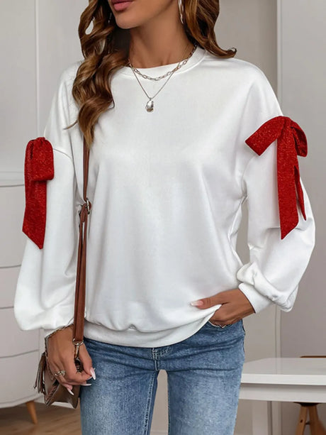Perfee Bow Round Neck Long Sleeve Sweatshirt - V.I.P Digital Presence