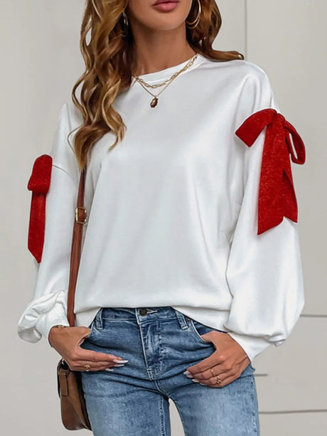 Perfee Bow Round Neck Long Sleeve Sweatshirt - V.I.P Digital Presence