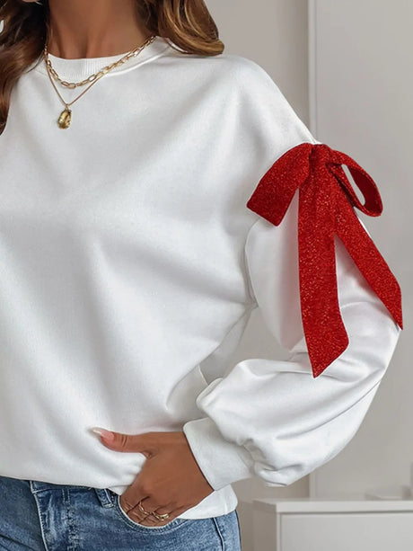 Perfee Bow Round Neck Long Sleeve Sweatshirt - V.I.P Digital Presence