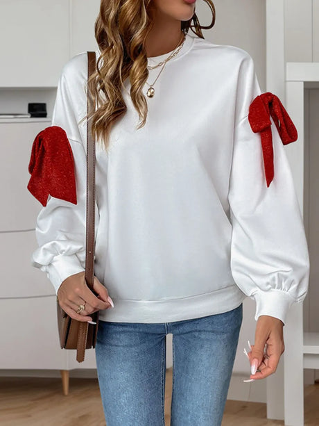 Perfee Bow Round Neck Long Sleeve Sweatshirt - V.I.P Digital Presence