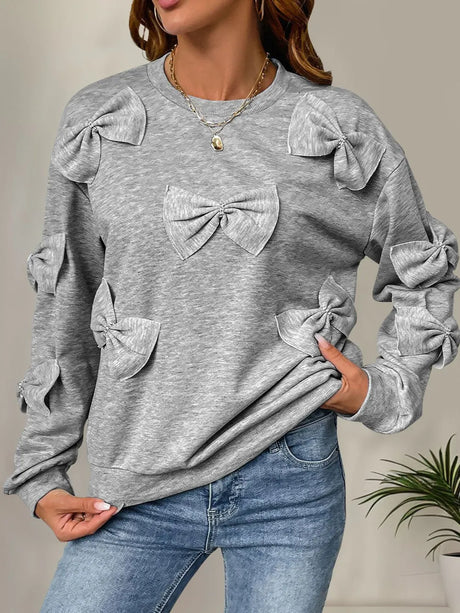 Perfee Bow Round Neck Long Sleeve Sweatshirt - V.I.P Digital Presence
