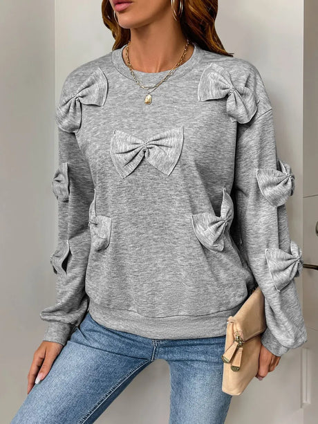 Perfee Bow Round Neck Long Sleeve Sweatshirt - V.I.P Digital Presence