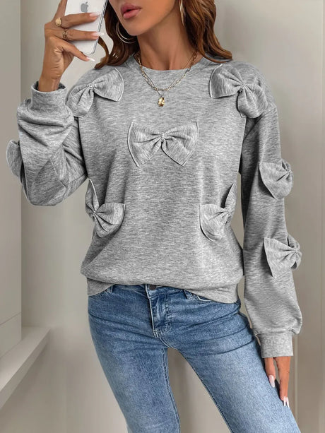 Perfee Bow Round Neck Long Sleeve Sweatshirt - V.I.P Digital Presence