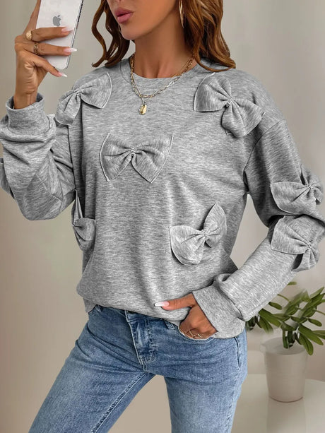 Perfee Bow Round Neck Long Sleeve Sweatshirt - V.I.P Digital Presence