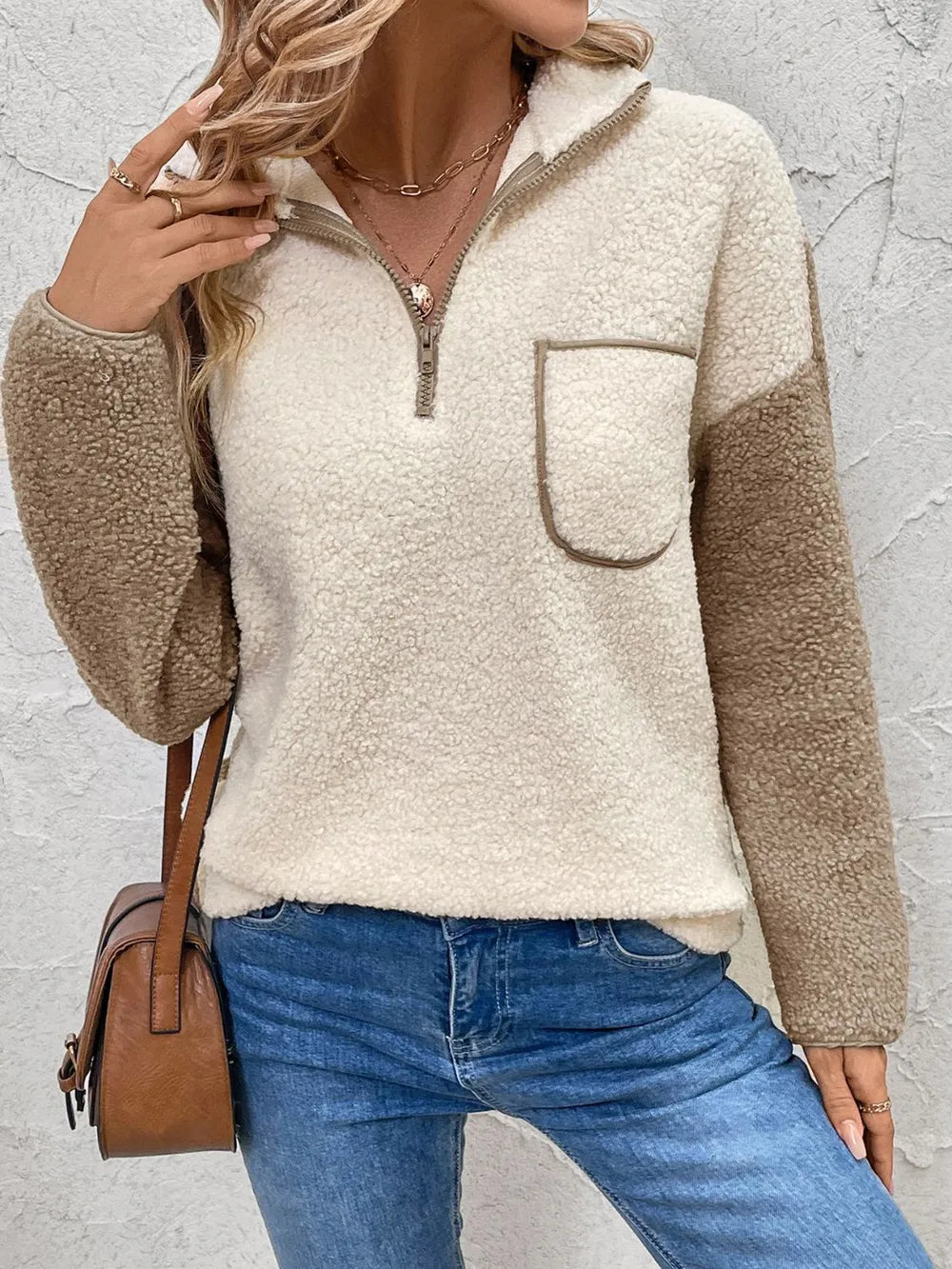 Perfee Contrast Half Zip Long Sleeve Sweatshirt - V.I.P Digital Presence