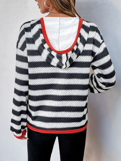 Perfee Contrast Striped Long Sleeve Hoodie - V.I.P Digital Presence
