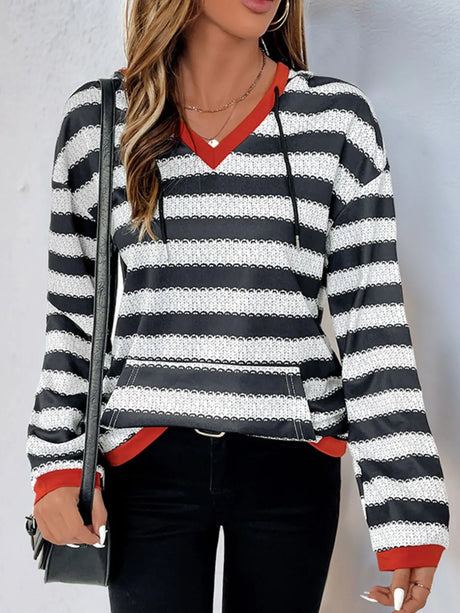 Perfee Contrast Striped Long Sleeve Hoodie - V.I.P Digital Presence