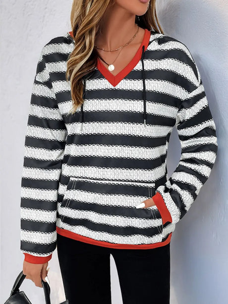 Perfee Contrast Striped Long Sleeve Hoodie - V.I.P Digital Presence