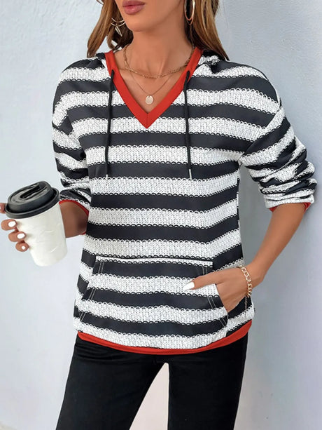 Perfee Contrast Striped Long Sleeve Hoodie - V.I.P Digital Presence