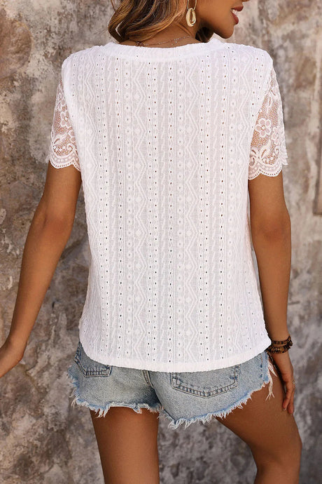 Perfee Eyelet Round Neck Short Sleeve T-Shirt - V.I.P Digital Presence
