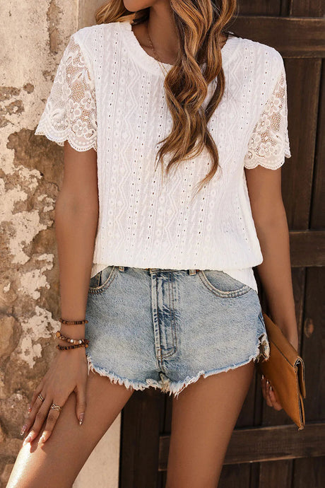 Perfee Eyelet Round Neck Short Sleeve T-Shirt - V.I.P Digital Presence