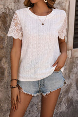 Perfee Eyelet Round Neck Short Sleeve T-Shirt - V.I.P Digital Presence