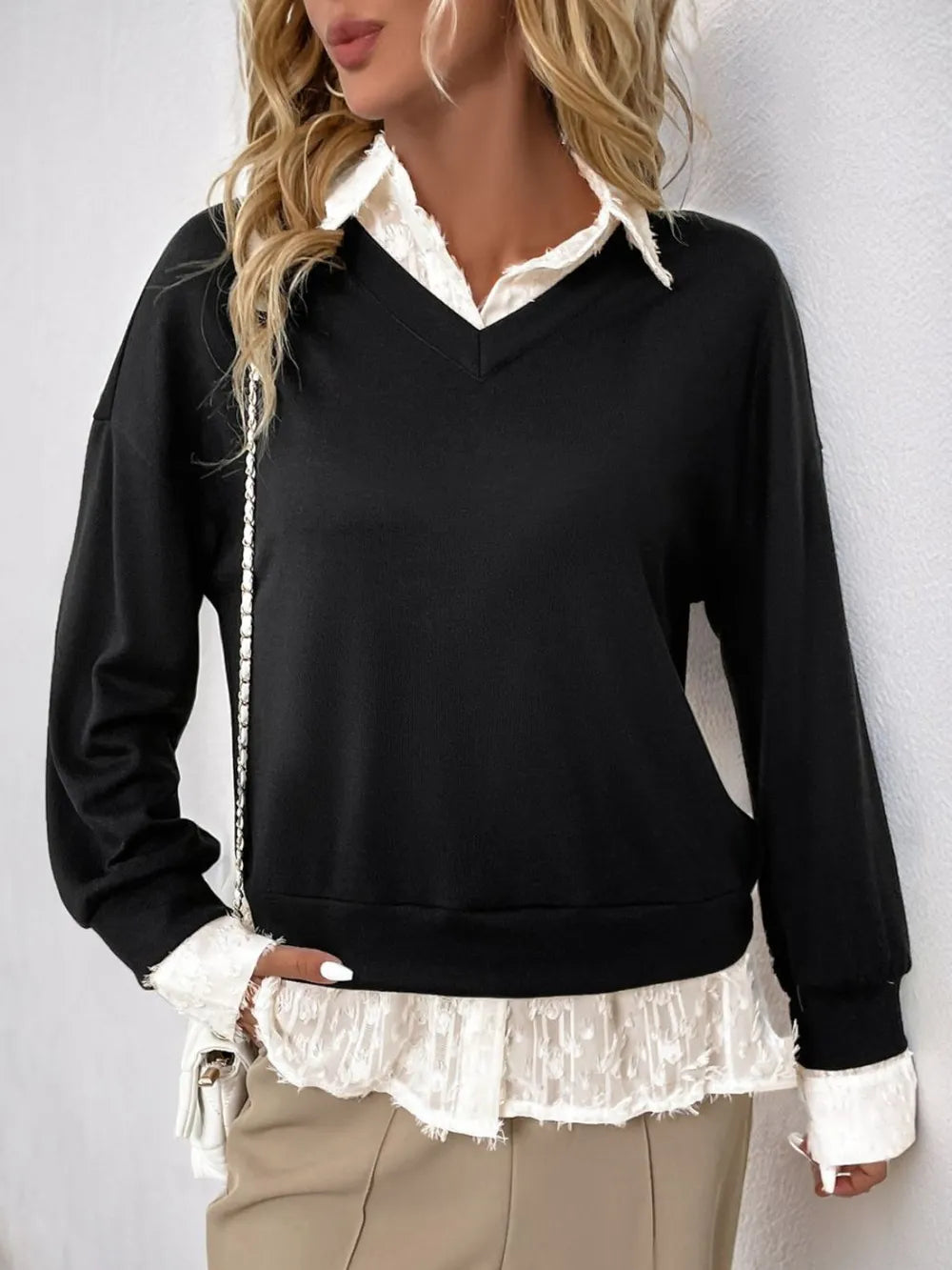 Perfee Faux Layered Contrast Long Sleeve Sweatshirt - V.I.P Digital Presence