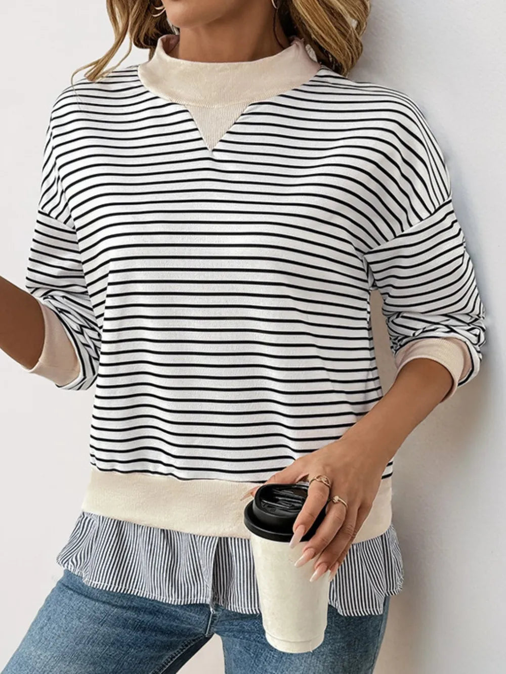 Perfee Faux Layered Striped Long Sleeve Sweatshirt - V.I.P Digital Presence