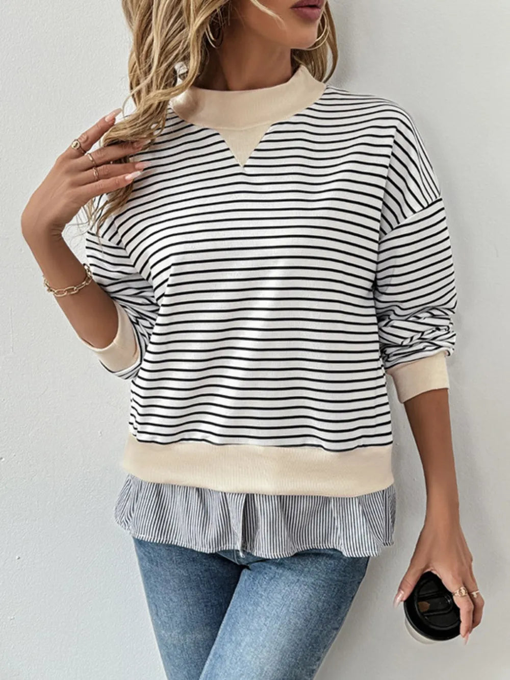 Perfee Faux Layered Striped Long Sleeve Sweatshirt - V.I.P Digital Presence