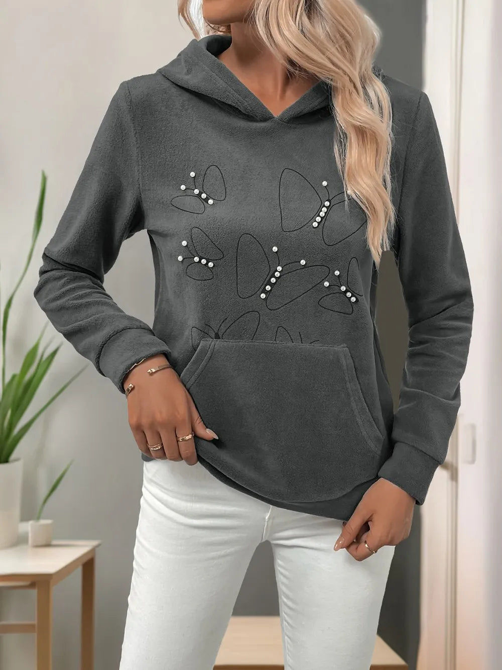 Perfee Pearl Butterfly Long Sleeve Hoodie - V.I.P Digital Presence