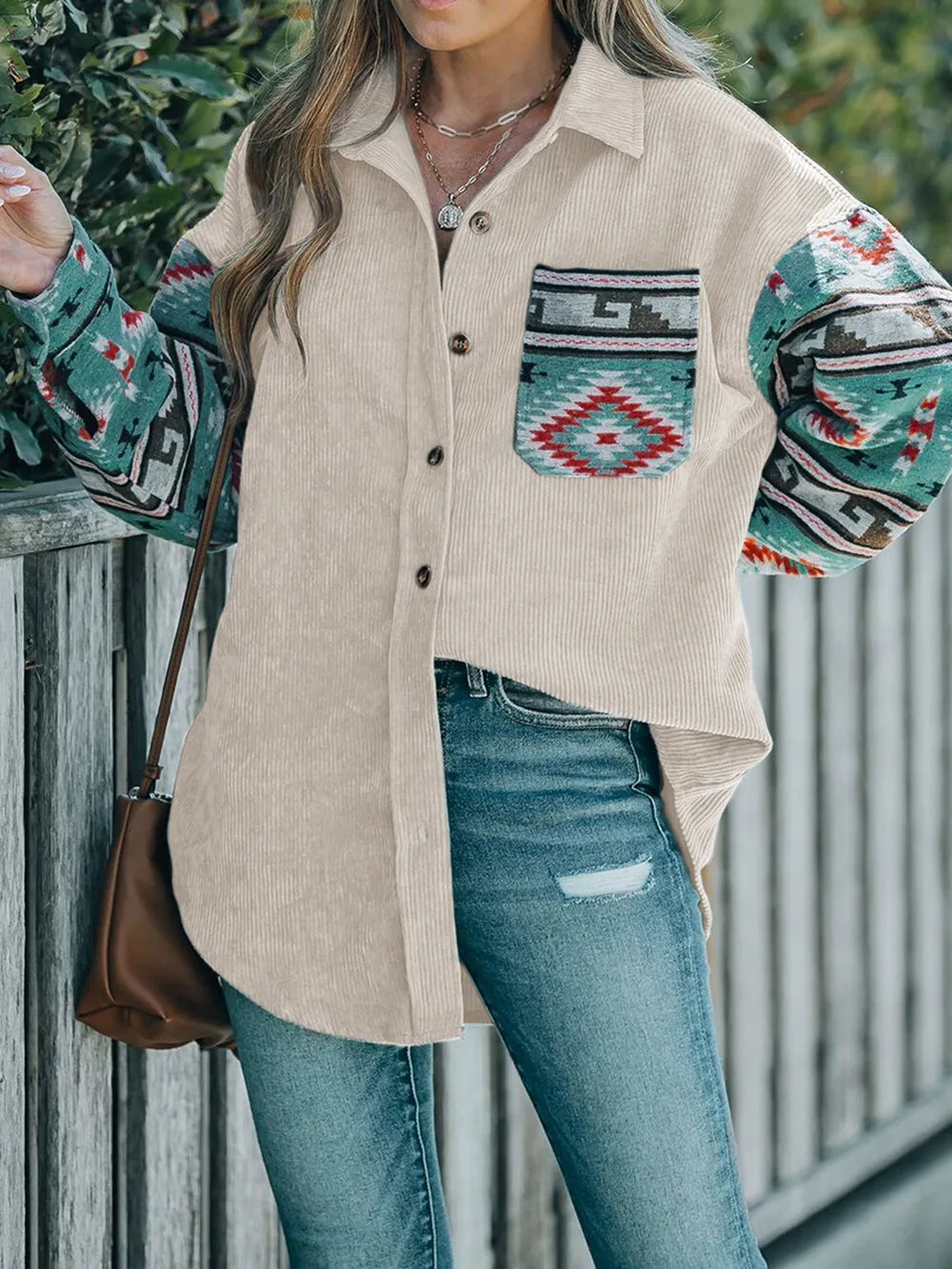 Perfee Pocketed Geometric Collared Neck Shacket - V.I.P Digital Presence