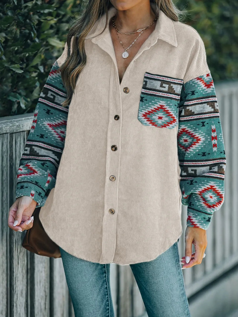 Perfee Pocketed Geometric Collared Neck Shacket - V.I.P Digital Presence
