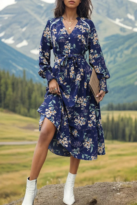 Perfee Printed Notched Lantern Sleeve Midi Dress - V.I.P Digital Presence