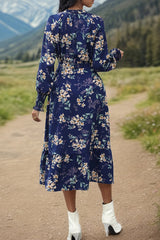 Perfee Printed Notched Lantern Sleeve Midi Dress - V.I.P Digital Presence