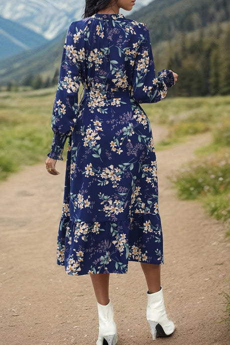 Perfee Printed Notched Lantern Sleeve Midi Dress - V.I.P Digital Presence