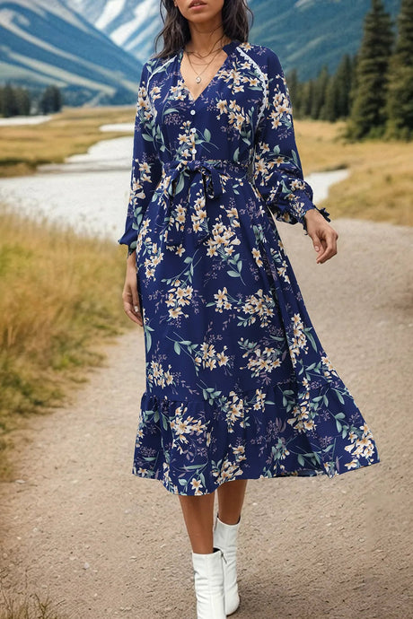 Perfee Printed Notched Lantern Sleeve Midi Dress - V.I.P Digital Presence