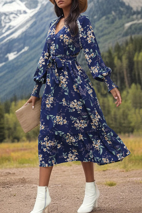 Perfee Printed Notched Lantern Sleeve Midi Dress - V.I.P Digital Presence