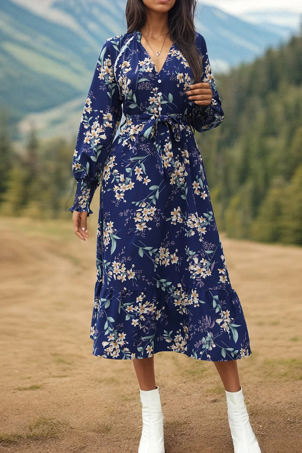 Perfee Printed Notched Lantern Sleeve Midi Dress - V.I.P Digital Presence