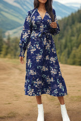 Perfee Printed Notched Lantern Sleeve Midi Dress - V.I.P Digital Presence