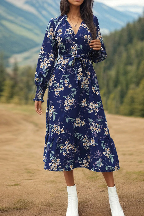 Perfee Printed Notched Lantern Sleeve Midi Dress - V.I.P Digital Presence