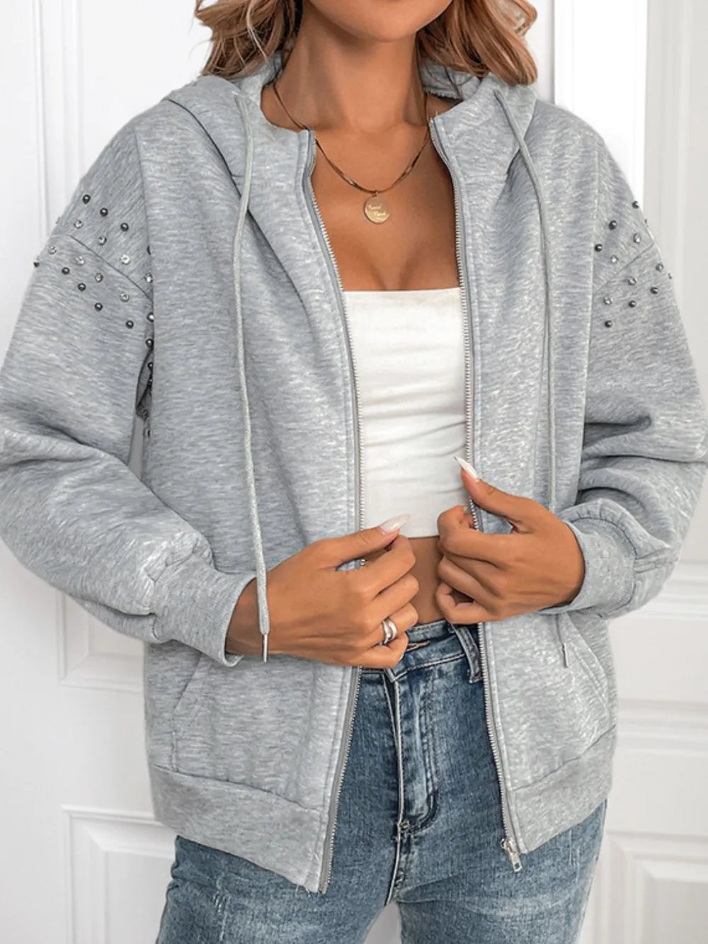 Perfee Rhinestone Zip Up Long Sleeve Hoodie - V.I.P Digital Presence