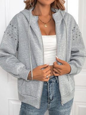 Perfee Rhinestone Zip Up Long Sleeve Hoodie - V.I.P Digital Presence