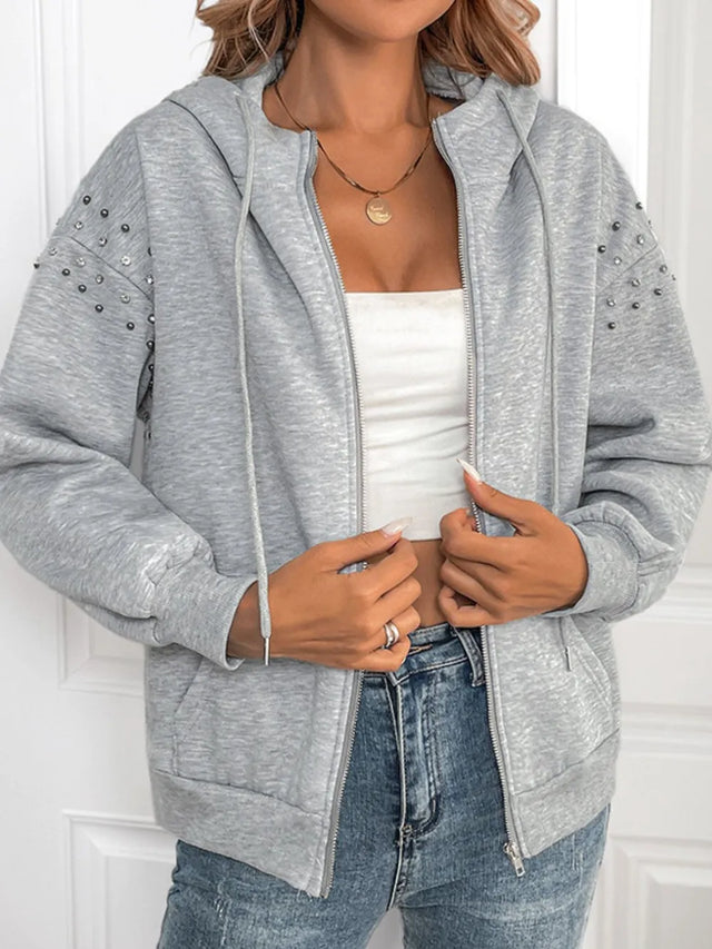 Perfee Rhinestone Zip Up Long Sleeve Hoodie - V.I.P Digital Presence