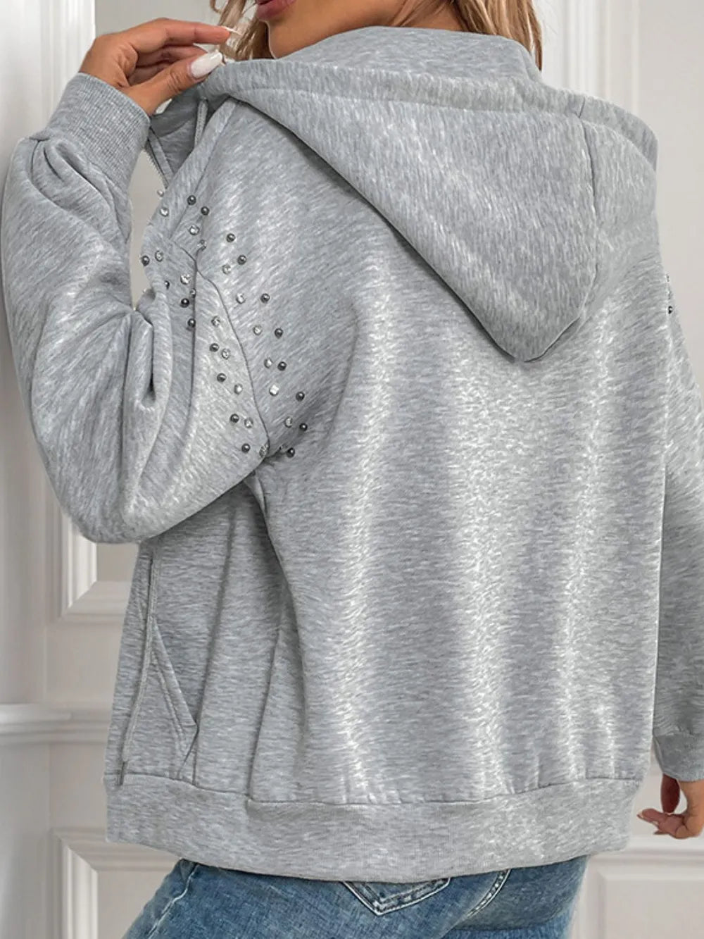 Perfee Rhinestone Zip Up Long Sleeve Hoodie - V.I.P Digital Presence