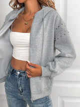 Perfee Rhinestone Zip Up Long Sleeve Hoodie - V.I.P Digital Presence