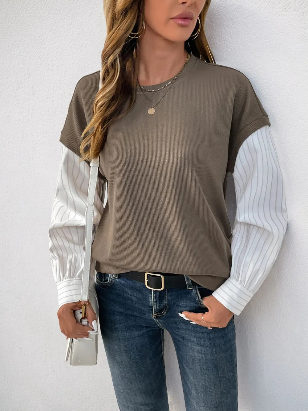 Perfee Round Neck Striped Sleeve Sweatshirt - V.I.P Digital Presence