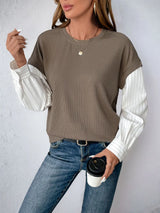 Perfee Round Neck Striped Sleeve Sweatshirt - V.I.P Digital Presence