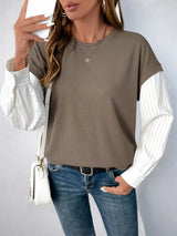 Perfee Round Neck Striped Sleeve Sweatshirt - V.I.P Digital Presence