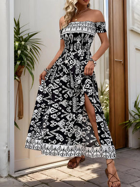 Perfee Slit Printed Off-Shoulder Dress - V.I.P Digital Presence