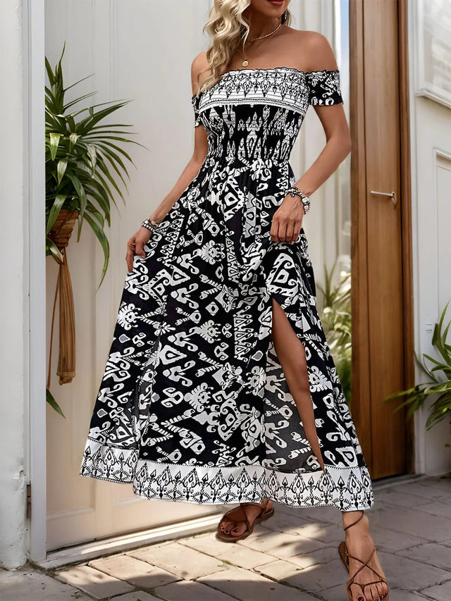 Perfee Slit Printed Off-Shoulder Dress - V.I.P Digital Presence