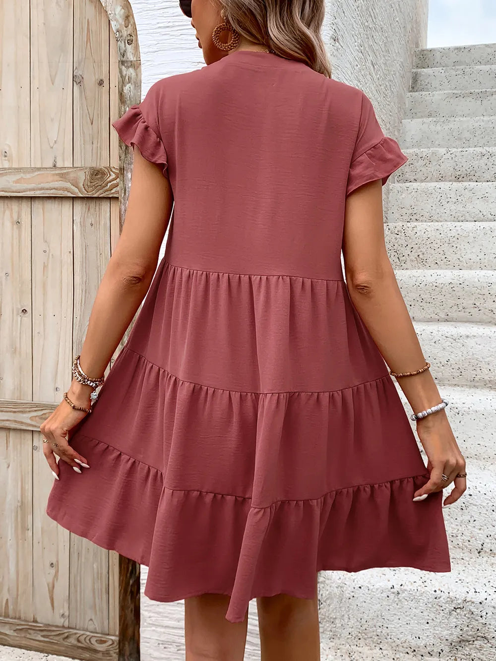 Perfee Tiered Notched Flounce Sleeve Mini Dress - V.I.P Digital Presence