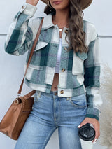 Plaid Button Up Drop Shoulder Cropped Jacket - V.I.P Digital Presence
